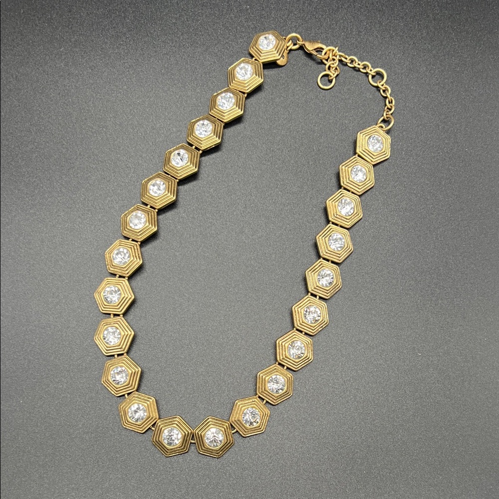 J. Crew Vintage Gold Tone Rivoli Rhinestone Hexagon Necklace 1990s - Picture 9 of 9